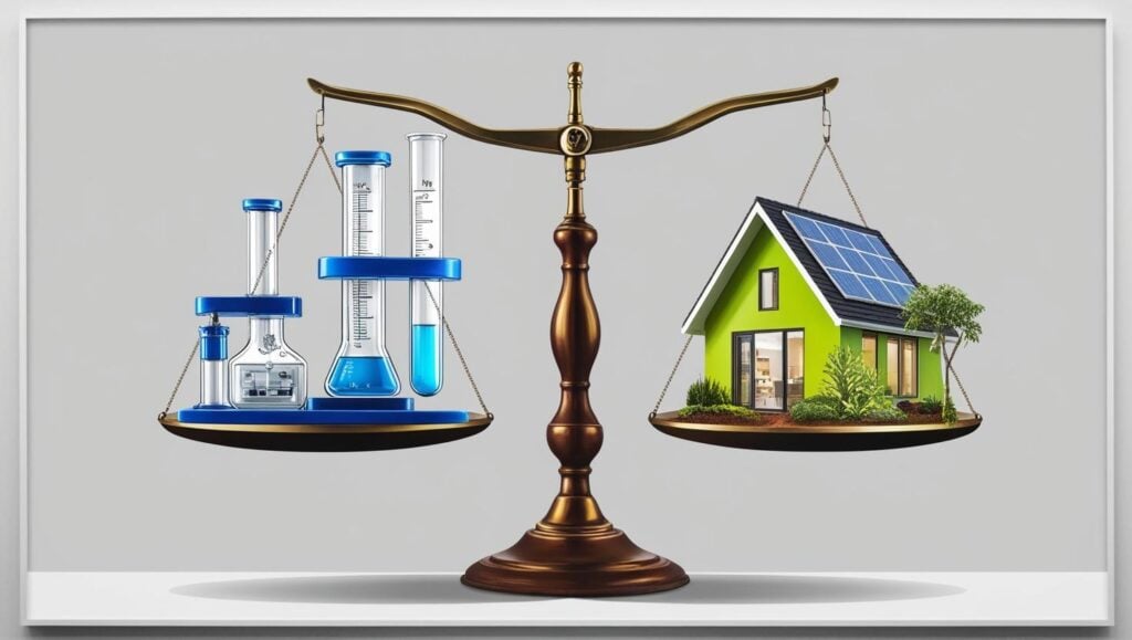 Balancing science and crunchiness A balance with lab equipment on one side and eco home on the other.